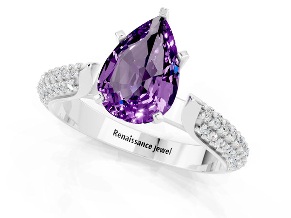 Silver Pear Cut Amethyst Solitaire Engagement Ring with Multi-Row Round Pavé Band and Prong Setting