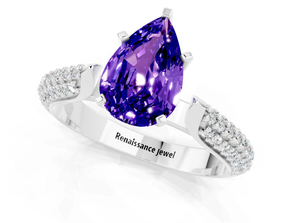 White gold Pear Cut Tanzanite Solitaire Engagement Ring with Multi-Row Round Pavé Band and Prong Setting