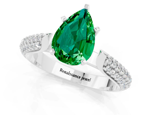 White gold Pear Cut Emerald Solitaire Engagement Ring with Multi-Row Round Pavé Band and Prong Setting