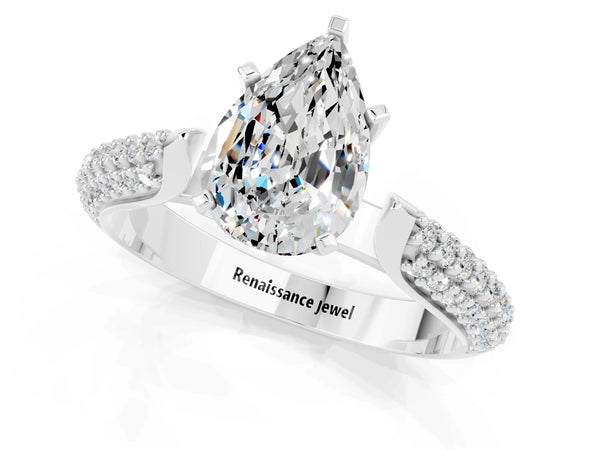 Silver Pear Cut Moissanite Solitaire Engagement Ring with Multi-Row Round Pavé Band and Prong Setting