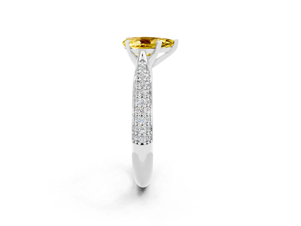 White gold Pear Cut Yellow Sapphire Solitaire Engagement Ring with Multi-Row Round Pavé Band and Prong Setting