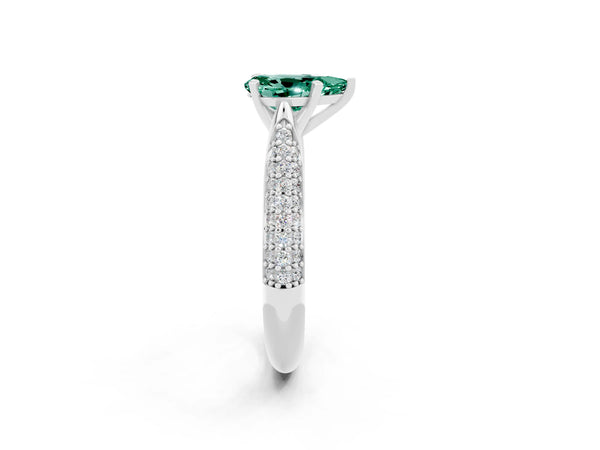 White gold Pear Cut Green Sapphire Solitaire Engagement Ring with Multi-Row Round Pavé Band and Prong Setting