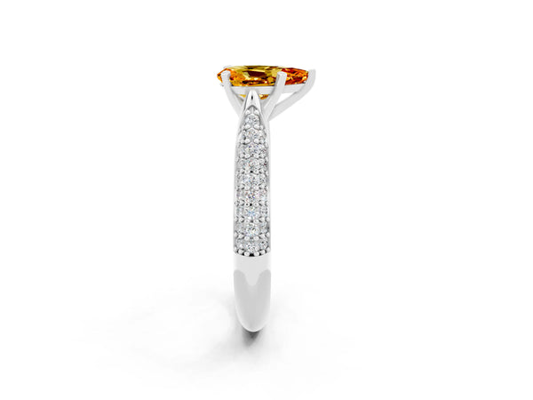 Platinum Pear Cut Citrine Solitaire Engagement Ring with Multi-Row Round Pavé Band and Prong Setting