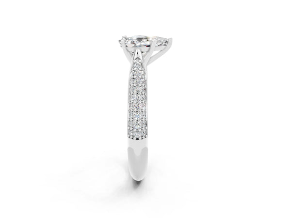 Silver Pear Cut Moissanite Solitaire Engagement Ring with Multi-Row Round Pavé Band and Prong Setting