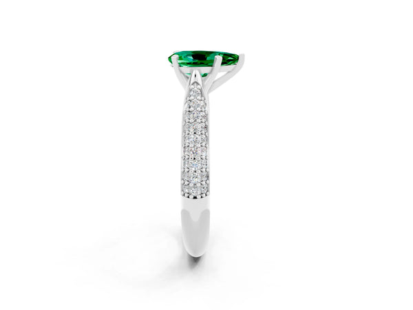 Platinum Pear Cut Emerald Solitaire Engagement Ring with Multi-Row Round Pavé Band and Prong Setting