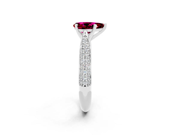 Silver Pear Cut Garnet Solitaire Engagement Ring with Multi-Row Round Pavé Band and Prong Setting