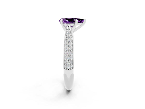 Platinum Pear Cut Amethyst Solitaire Engagement Ring with Multi-Row Round Pavé Band and Prong Setting