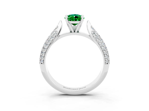 Platinum Pear Cut Emerald Solitaire Engagement Ring with Multi-Row Round Pavé Band and Prong Setting
