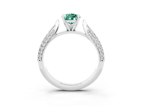 Silver Pear Cut Green Sapphire Solitaire Engagement Ring with Multi-Row Round Pavé Band and Prong Setting