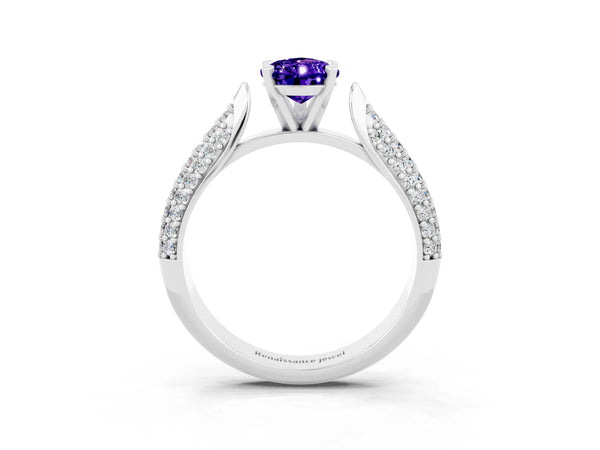 White gold Pear Cut Tanzanite Solitaire Engagement Ring with Multi-Row Round Pavé Band and Prong Setting