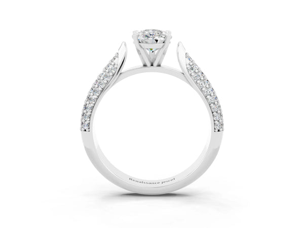 White gold Pear Cut Moissanite Solitaire Engagement Ring with Multi-Row Round Pavé Band and Prong Setting