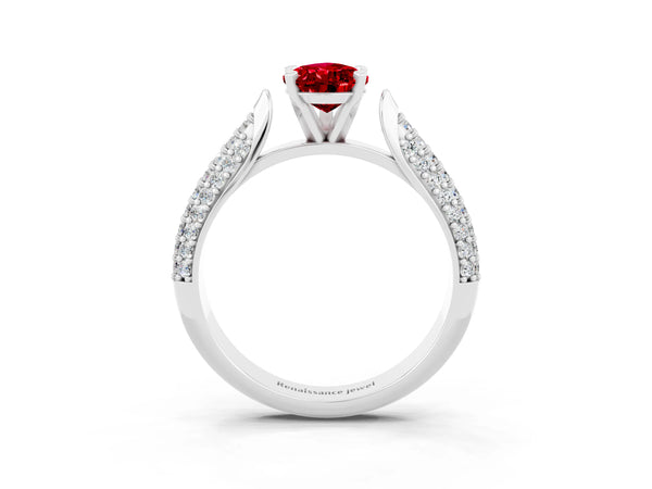 White gold Pear Cut Diamond Solitaire Engagement Ring with Pavé Band and Four-Prong Setting