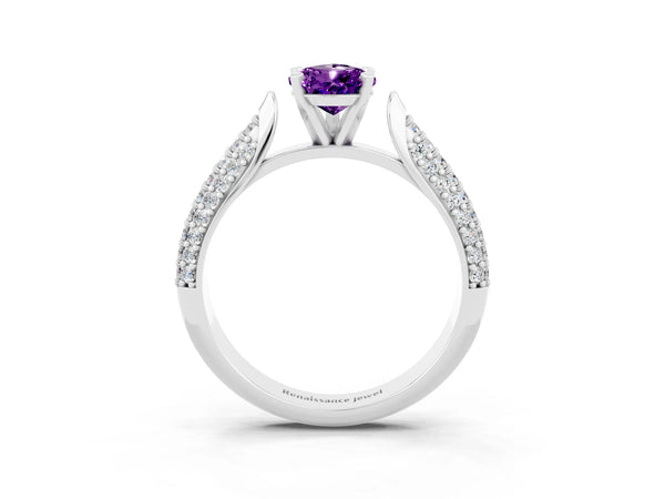 Silver Pear Cut Amethyst Solitaire Engagement Ring with Multi-Row Round Pavé Band and Prong Setting