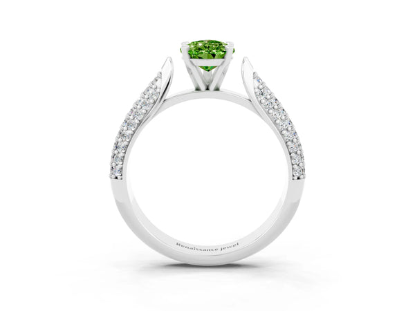 Silver Pear Cut Diamond Solitaire Engagement Ring with Pavé Band and Four-Prong Setting