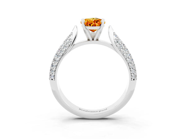 Silver Pear Cut Citrine Solitaire Engagement Ring with Multi-Row Round Pavé Band and Prong Setting