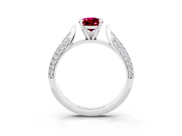 Silver Pear Cut Garnet Solitaire Engagement Ring with Multi-Row Round Pavé Band and Prong Setting