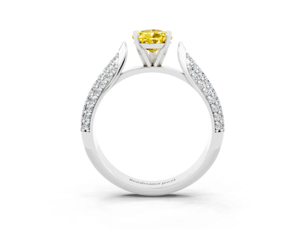Platinum Pear Cut Yellow Sapphire Solitaire Engagement Ring with Multi-Row Round Pavé Band and Prong Setting