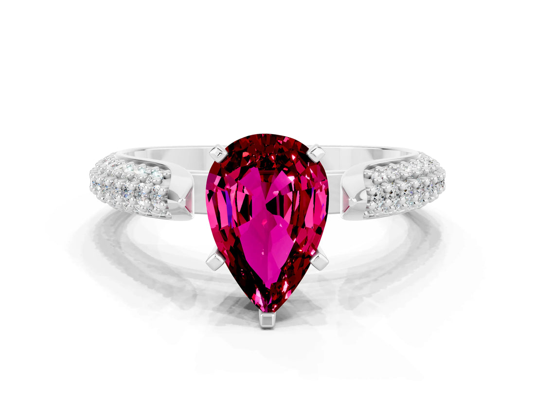 White gold Pear Cut Diamond Solitaire Engagement Ring with Pavé Band and Four-Prong Setting