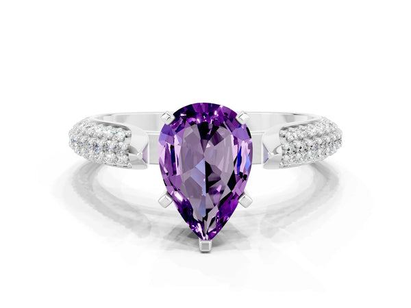 Silver Pear Cut Amethyst Solitaire Engagement Ring with Multi-Row Round Pavé Band and Prong Setting