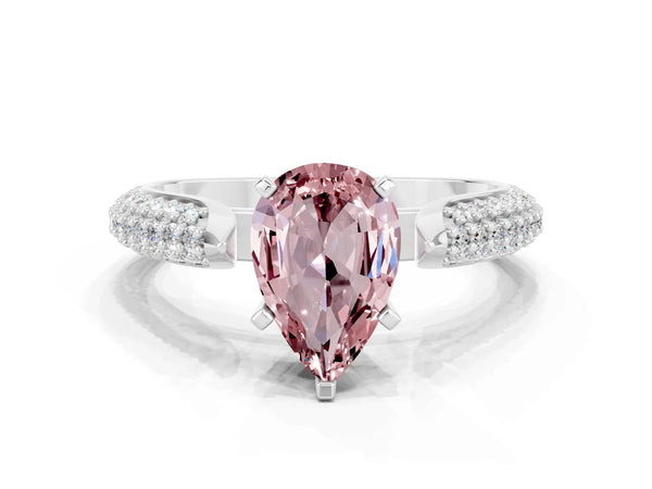 Silver Pear Cut Diamond Solitaire Engagement Ring with Pavé Band and Four-Prong Setting