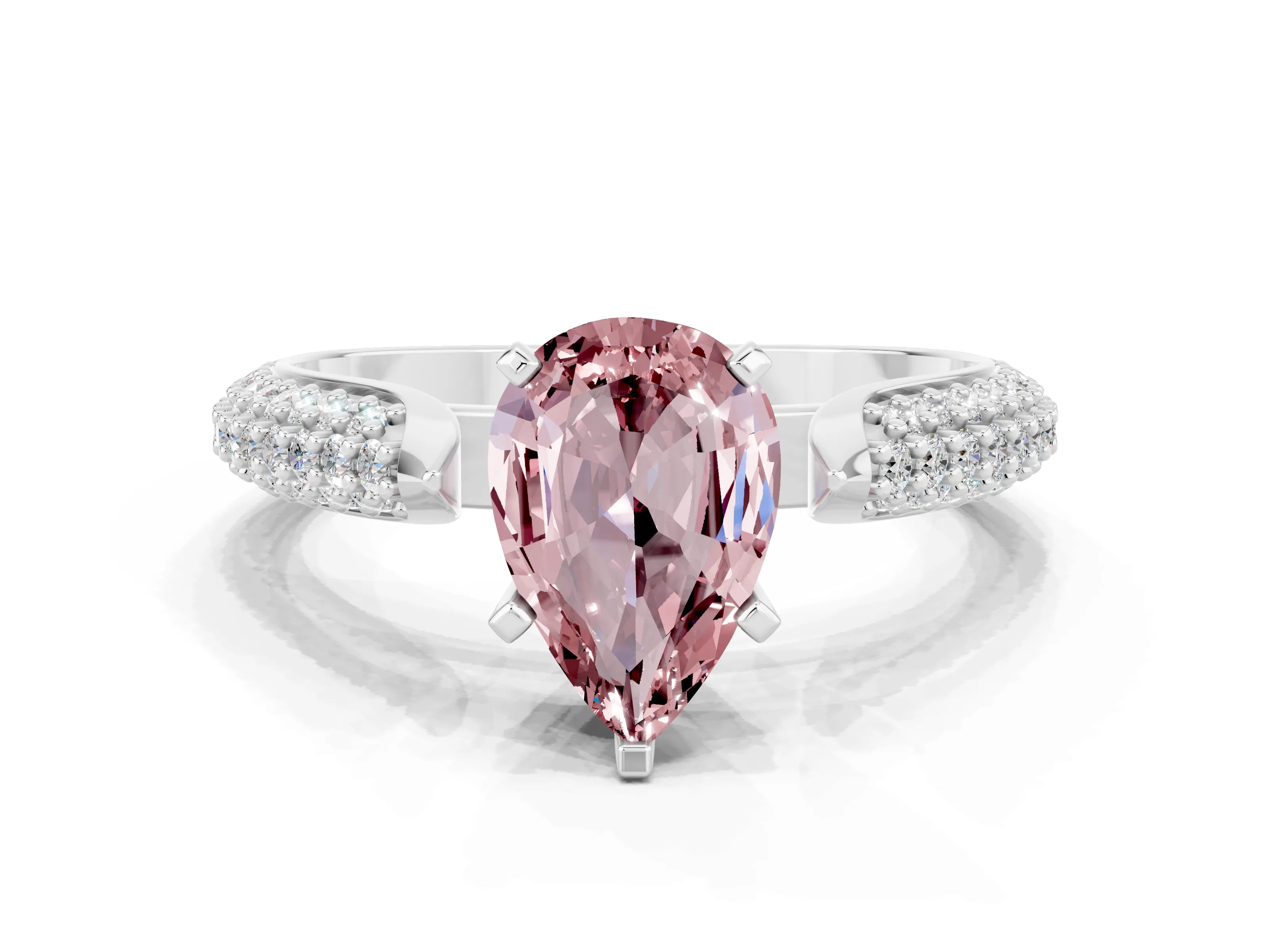 White gold Pear Cut Diamond Solitaire Engagement Ring with Pavé Band and Four-Prong Setting