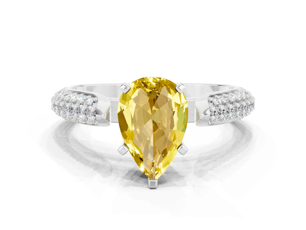 Platinum Pear Cut Yellow Sapphire Solitaire Engagement Ring with Multi-Row Round Pavé Band and Prong Setting