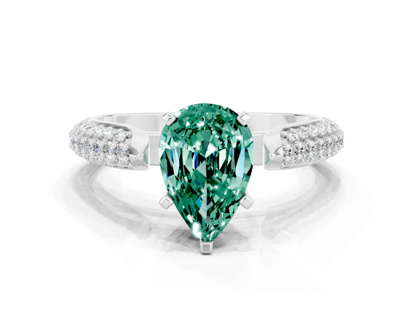 Platinum Pear Cut Green Sapphire Solitaire Engagement Ring with Multi-Row Round Pavé Band and Prong Setting