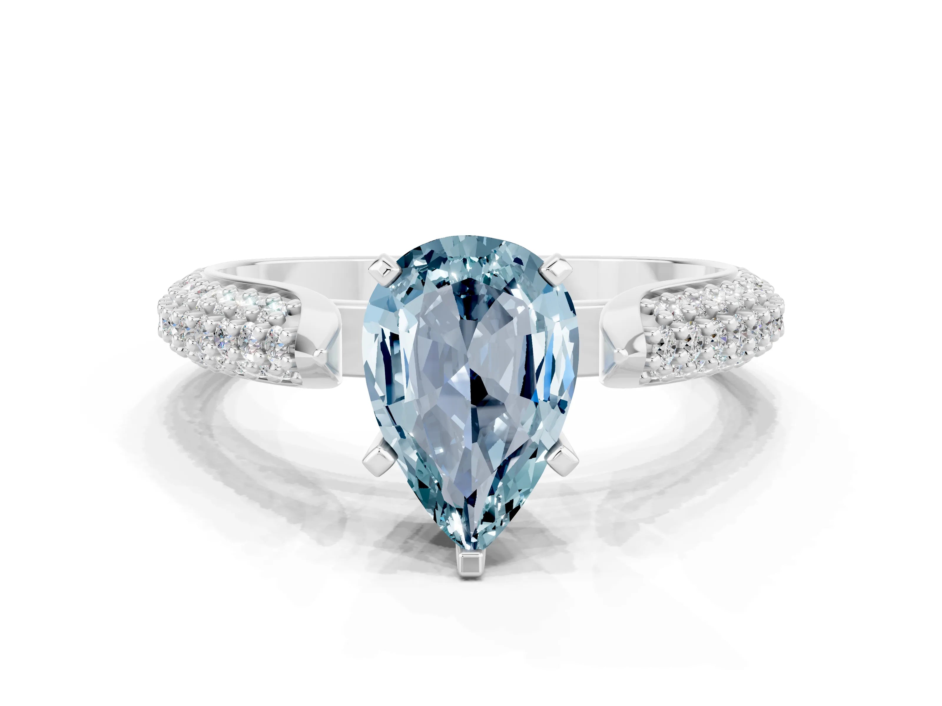 White gold Pear Cut Diamond Solitaire Engagement Ring with Pavé Band and Four-Prong Setting