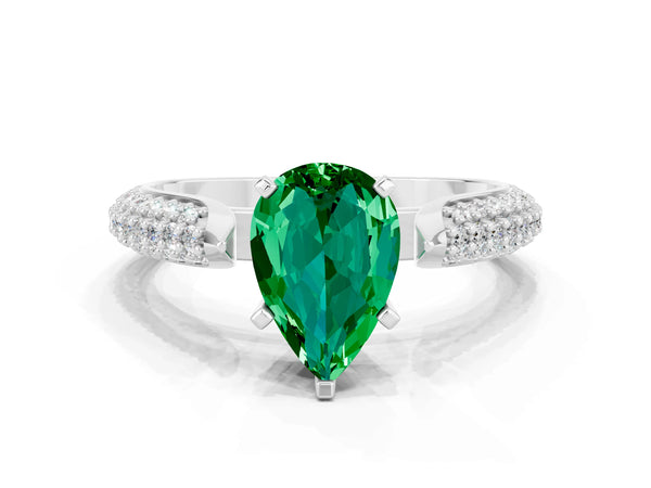 White gold Pear Cut Emerald Solitaire Engagement Ring with Multi-Row Round Pavé Band and Prong Setting
