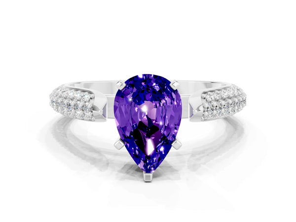 White gold Pear Cut Tanzanite Solitaire Engagement Ring with Multi-Row Round Pavé Band and Prong Setting