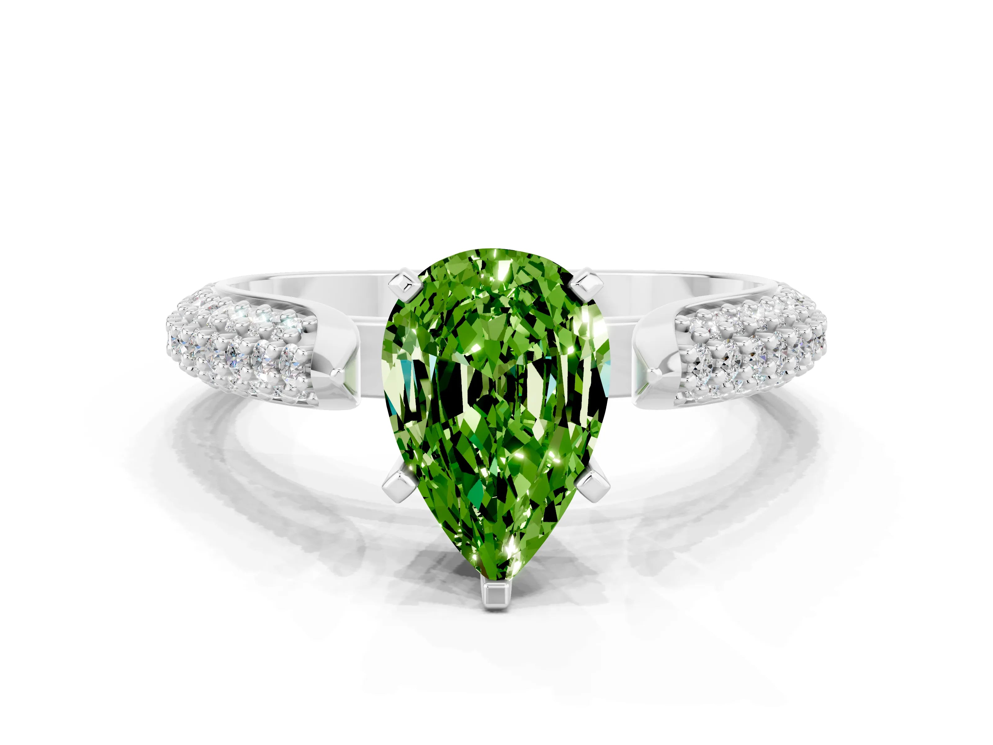 White gold Pear Cut Diamond Solitaire Engagement Ring with Pavé Band and Four-Prong Setting