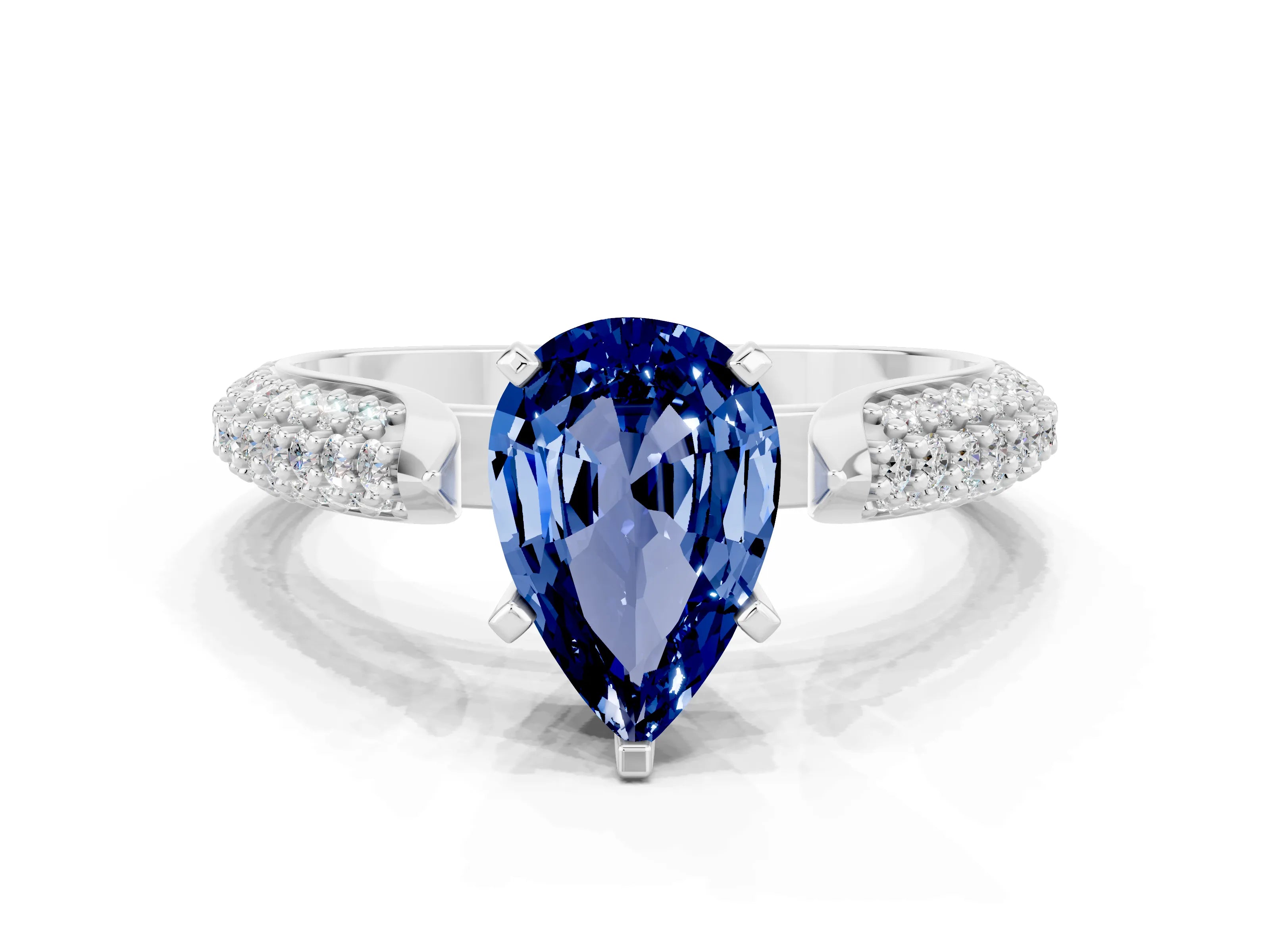 White gold Pear Cut Diamond Solitaire Engagement Ring with Pavé Band and Four-Prong Setting