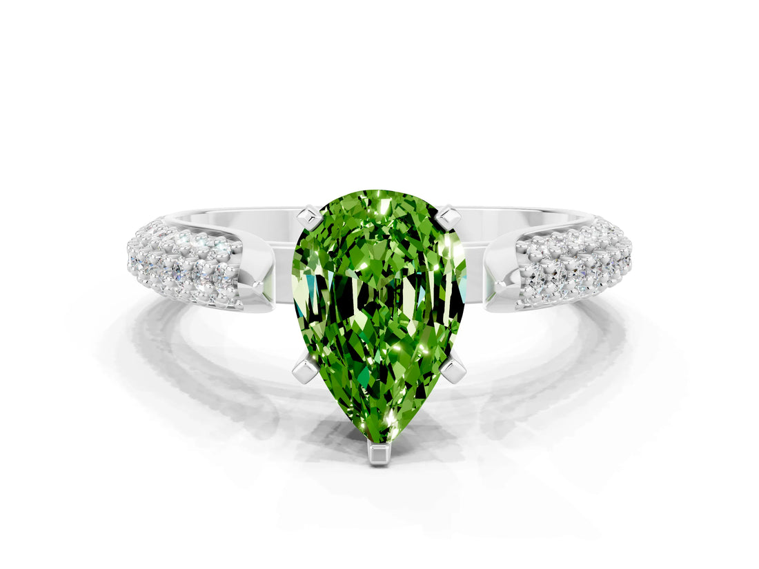 White gold Pear Cut Diamond Solitaire Engagement Ring with Pavé Band and Four-Prong Setting