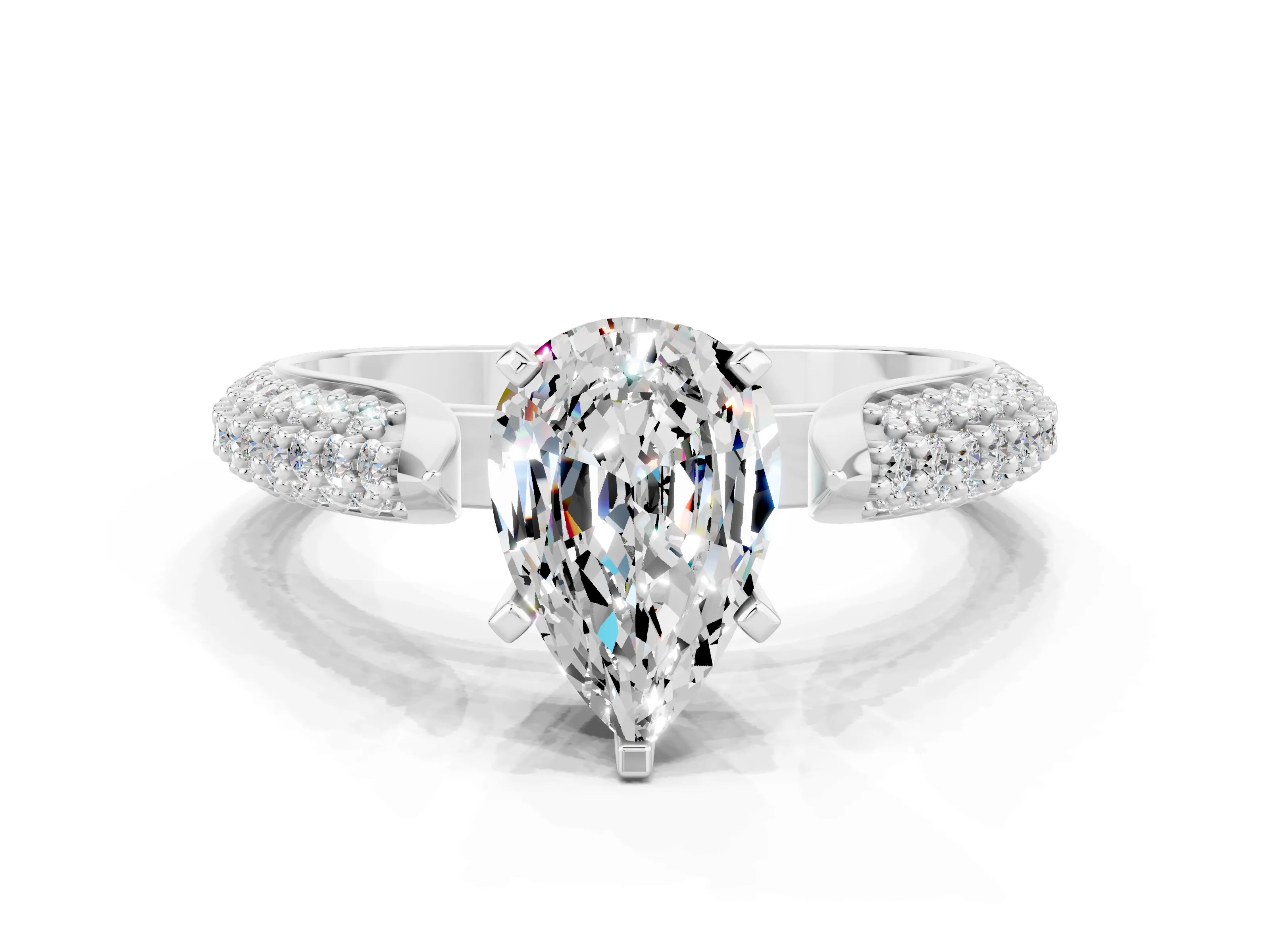 White gold Pear Cut Diamond Solitaire Engagement Ring with Pavé Band and Four-Prong Setting