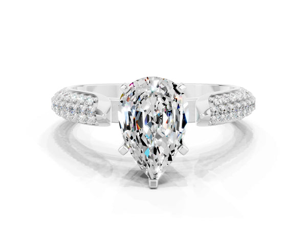 Silver Pear Cut Moissanite Solitaire Engagement Ring with Multi-Row Round Pavé Band and Prong Setting