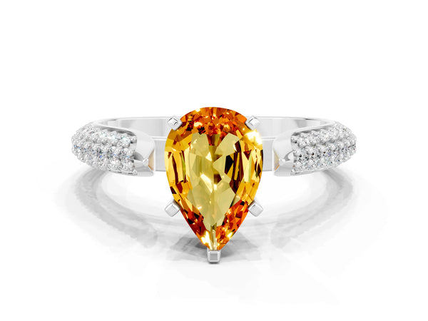 Silver Pear Cut Citrine Solitaire Engagement Ring with Multi-Row Round Pavé Band and Prong Setting