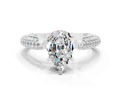 White gold Pear Cut Diamond Solitaire Engagement Ring with Pavé Band and Four-Prong Setting