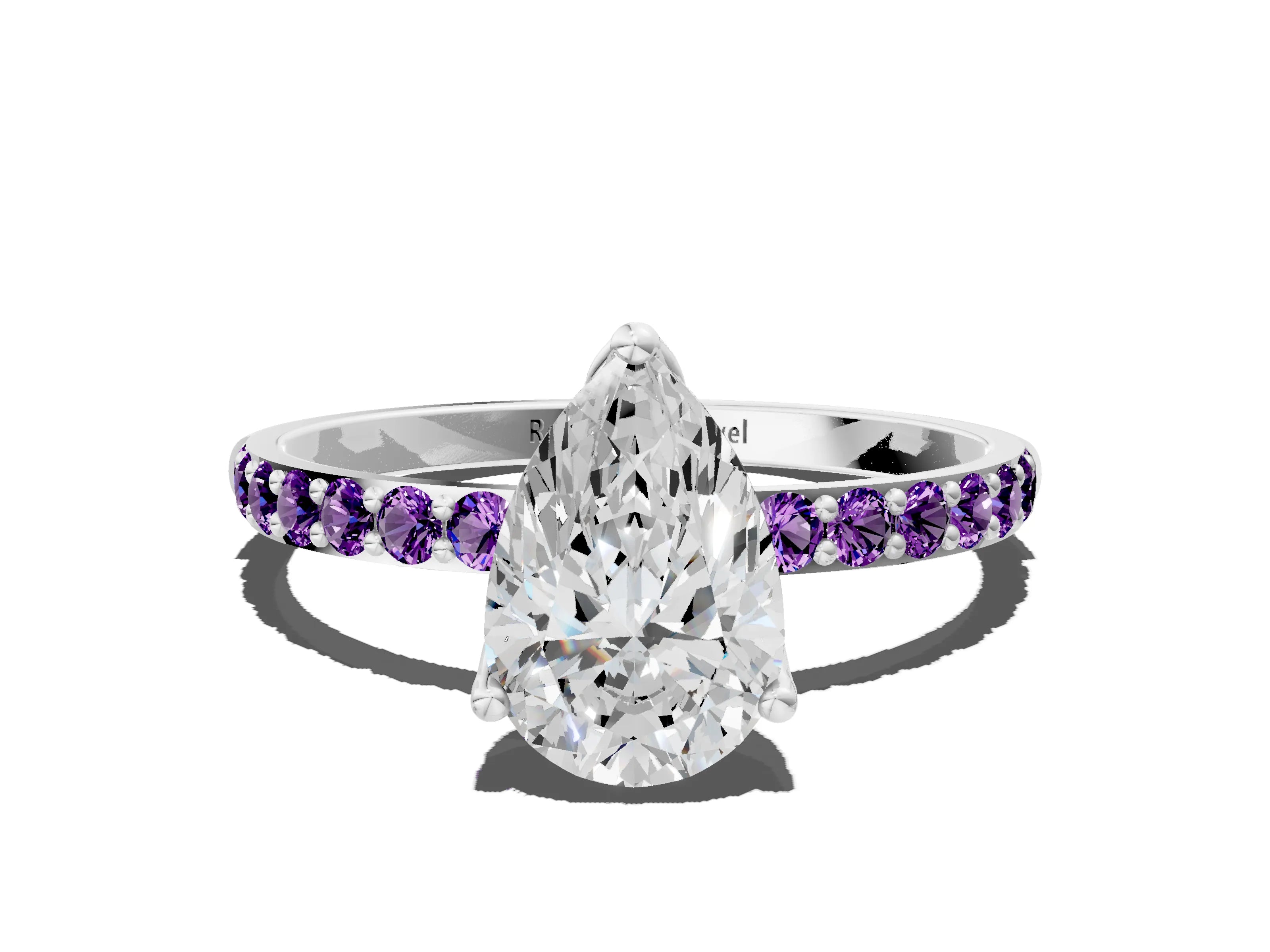 White gold Pear Cut Diamond Solitaire Engagement Ring with Round with Amethyst side stone Pavé Band and Prong Setting_12