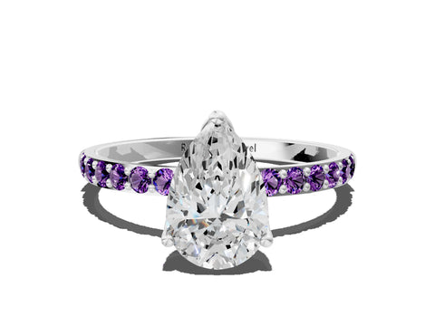 White gold Pear Cut Diamond Solitaire Engagement Ring with Round with Amethyst side stone Pavé Band and Prong Setting_12