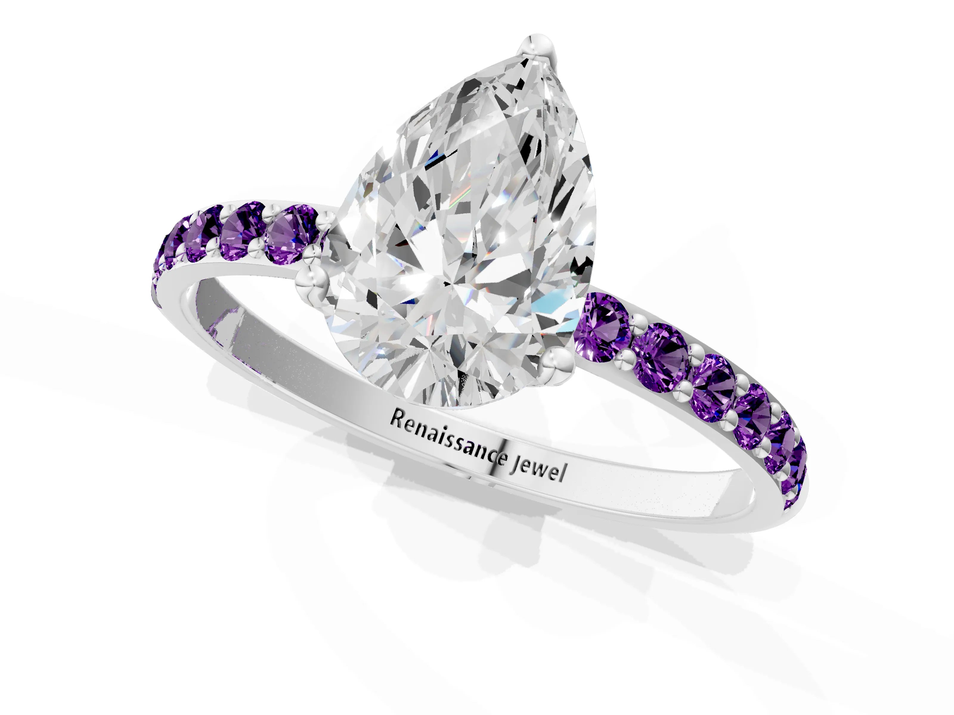 White gold Pear Cut Diamond Solitaire Engagement Ring with Round with Amethyst side stone Pavé Band and Prong Setting_13