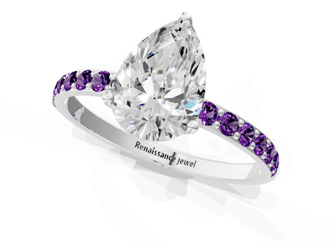 White gold Pear Cut Diamond Solitaire Engagement Ring with Round with Amethyst side stone Pavé Band and Prong Setting_13