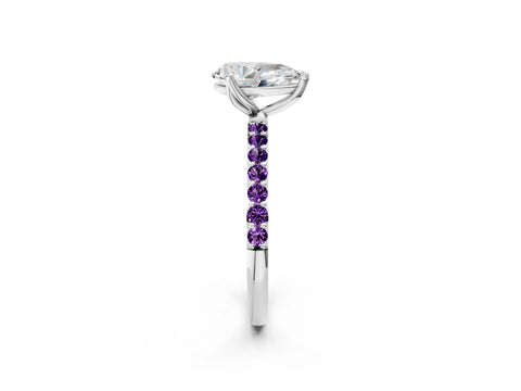 White gold Pear Cut Diamond Solitaire Engagement Ring with Round with Amethyst side stone Pavé Band and Prong Setting_14