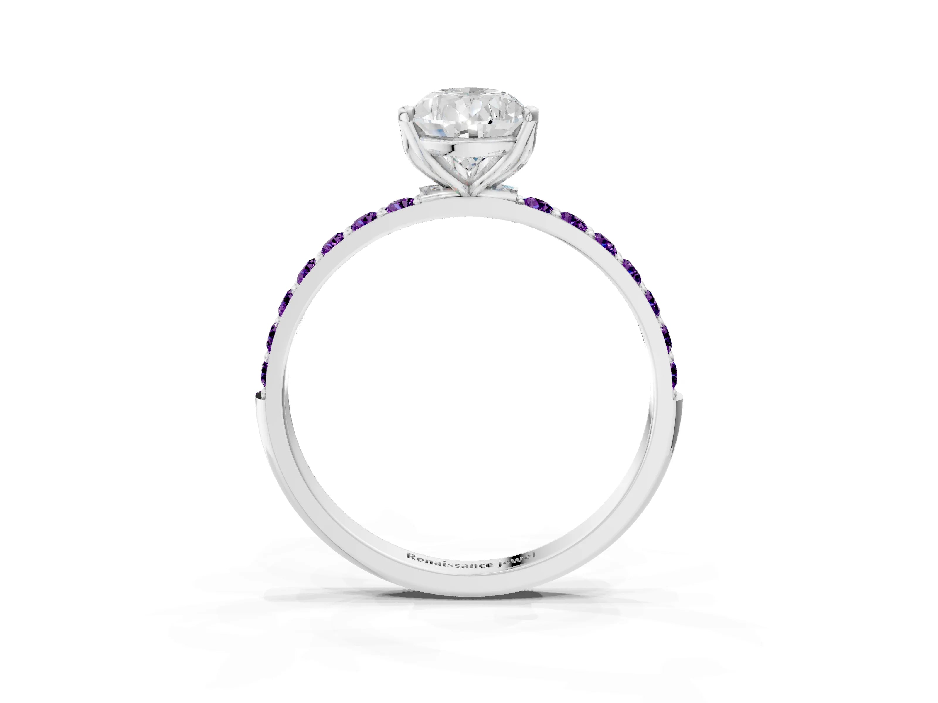 White gold Pear Cut Diamond Solitaire Engagement Ring with Round with Amethyst side stone Pavé Band and Prong Setting_15