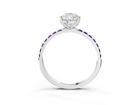 White gold Pear Cut Diamond Solitaire Engagement Ring with Round with Amethyst side stone Pavé Band and Prong Setting_15