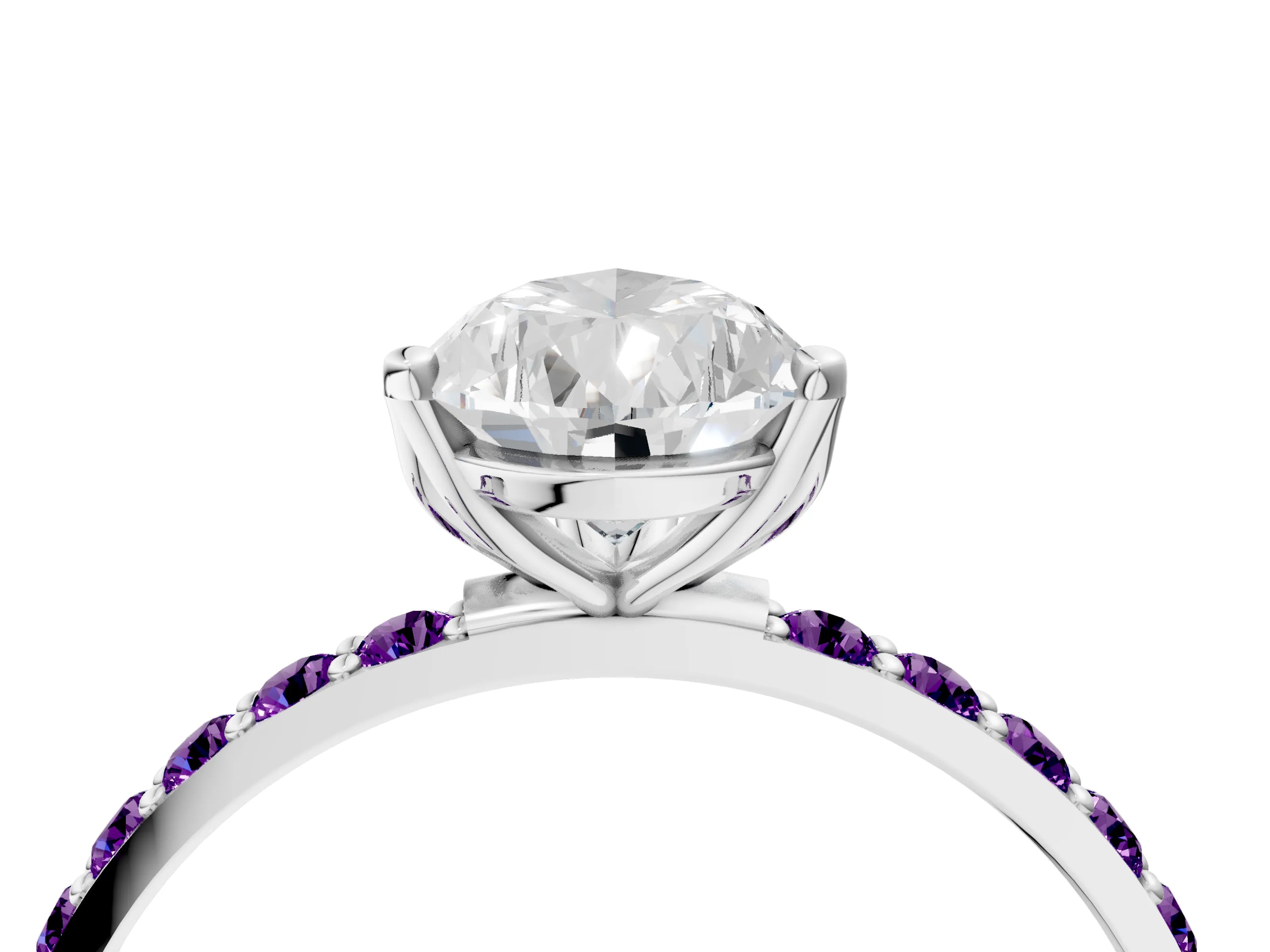 White gold Pear Cut Diamond Solitaire Engagement Ring with Round with Amethyst side stone Pavé Band and Prong Setting_16