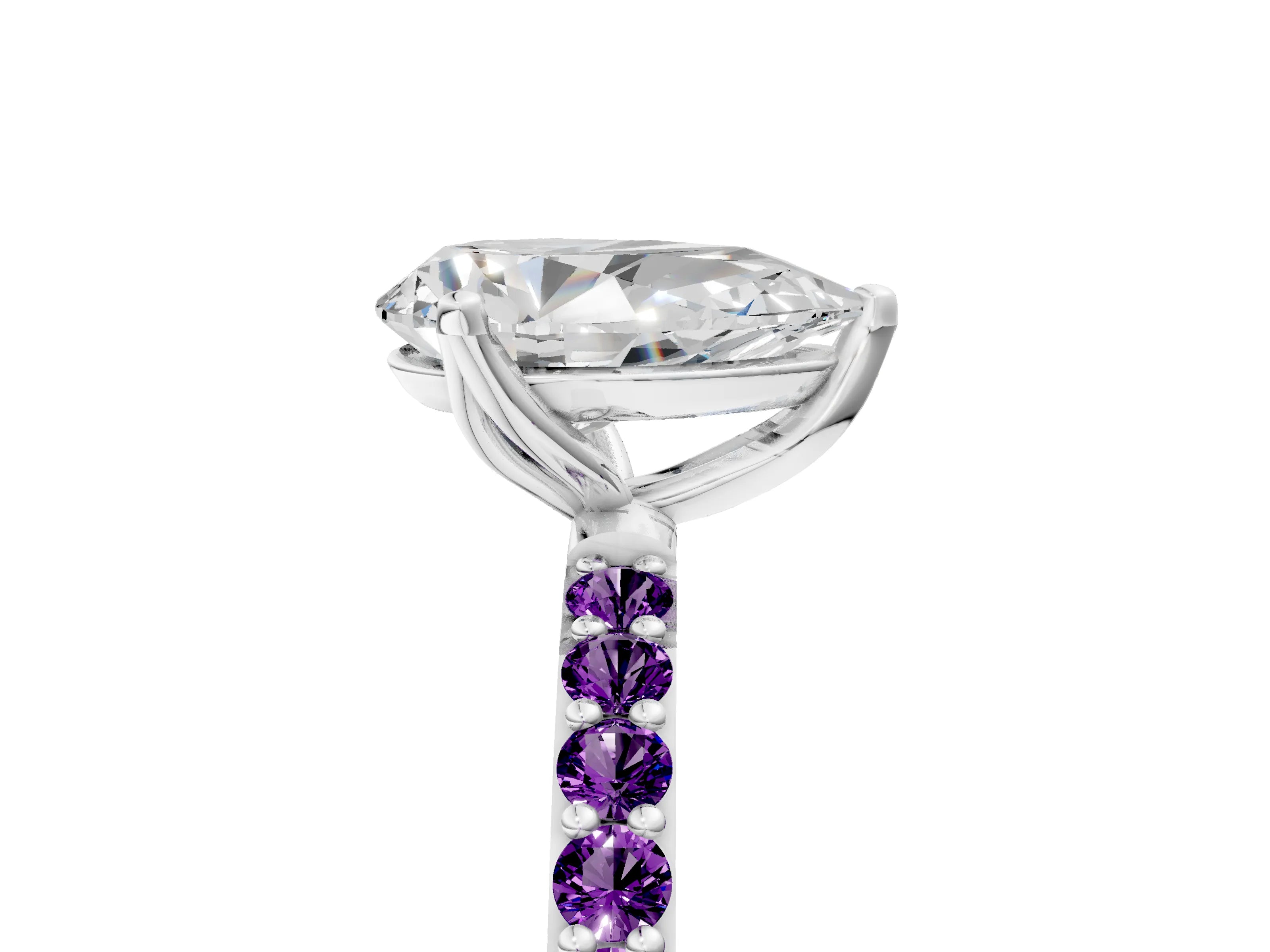 White gold Pear Cut Diamond Solitaire Engagement Ring with Round with Amethyst side stone Pavé Band and Prong Setting_17