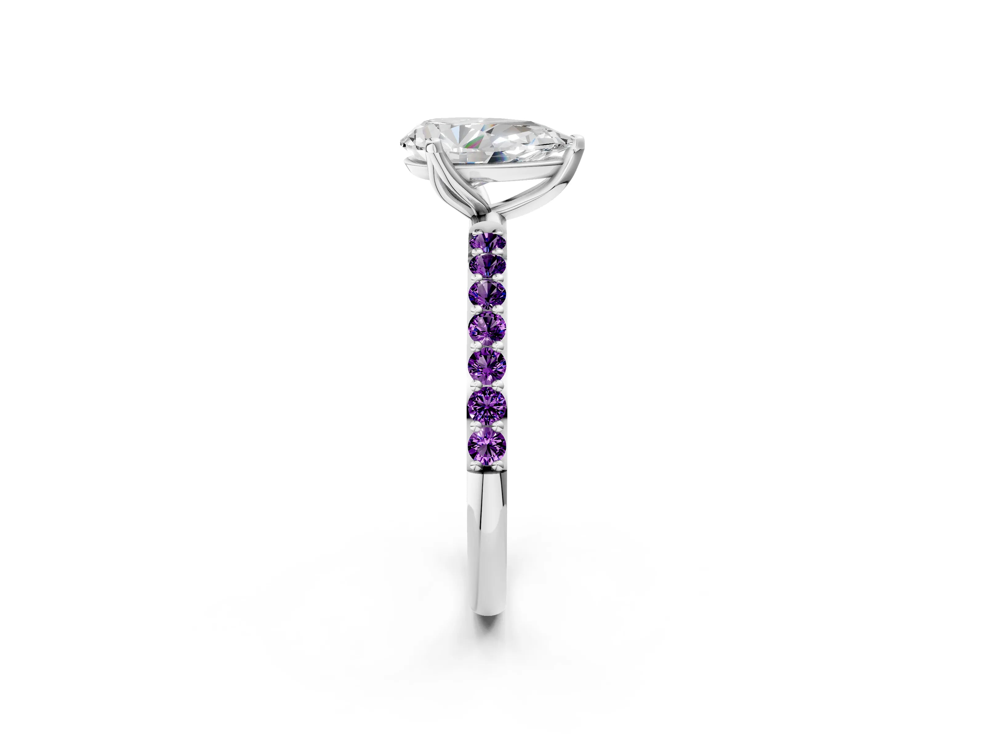 White gold Pear Cut Diamond Solitaire Engagement Ring with Round with Amethyst side stone Pavé Band and Prong Setting_26