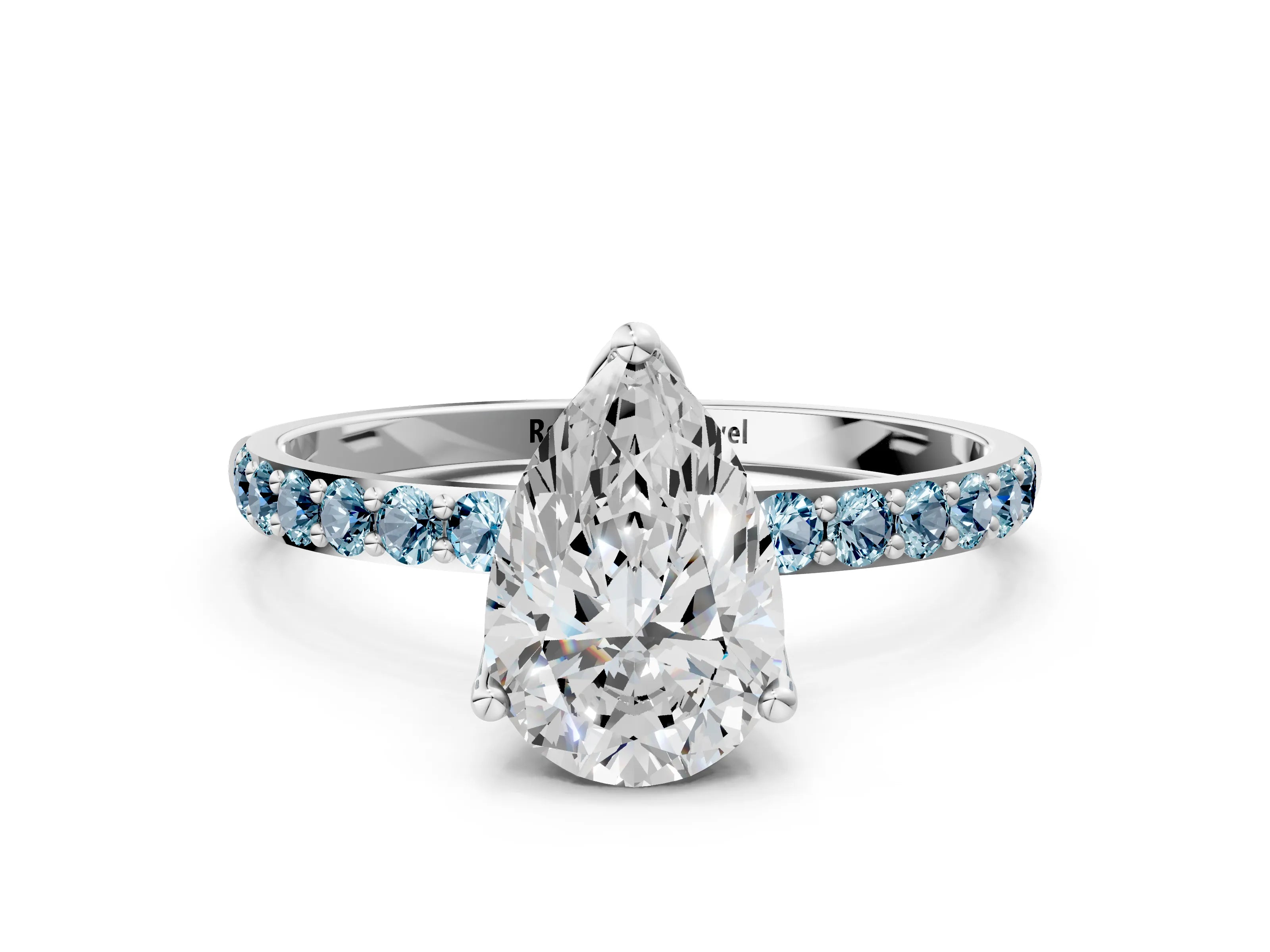 White gold Pear Cut Diamond Solitaire Engagement Ring with Round with Aquamarine side stone Pavé Band and Prong Setting_12