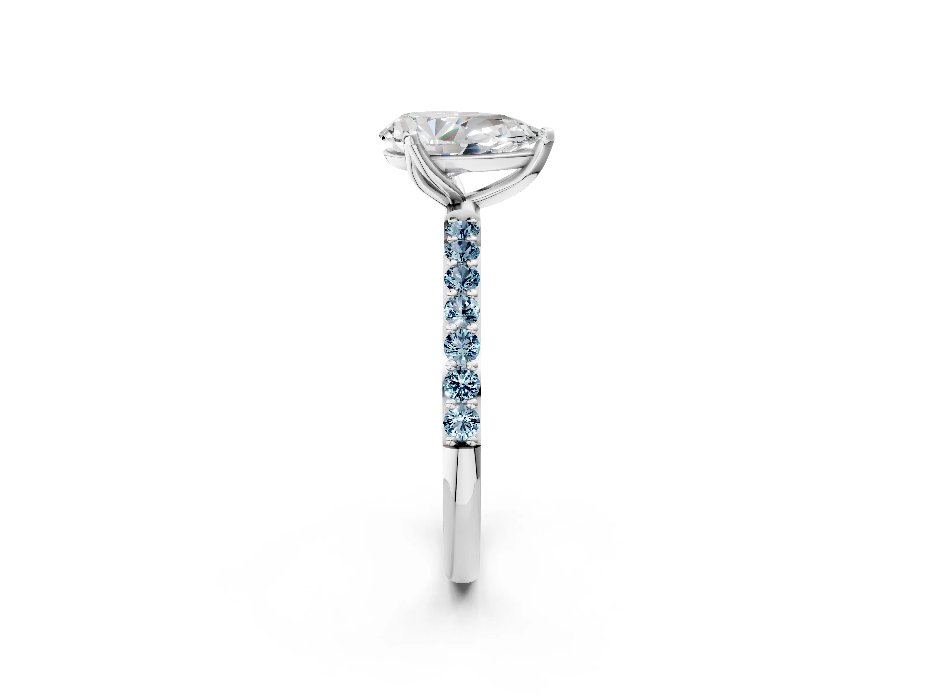 White gold Pear Cut Diamond Solitaire Engagement Ring with Round with Aquamarine side stone Pavé Band and Prong Setting_14