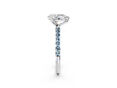 White gold Pear Cut Diamond Solitaire Engagement Ring with Round with Aquamarine side stone Pavé Band and Prong Setting_14